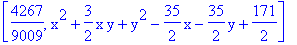 [4267/9009, x^2+3/2*x*y+y^2-35/2*x-35/2*y+171/2]